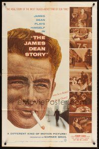 9c412 JAMES DEAN STORY 1sh '57 cool close up smoking artwork, was he a Rebel or a Giant?