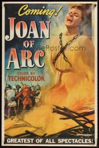 9c417 JOAN OF ARC style C teaser 1sh '48 art of Ingrid Bergman being burned at stake!