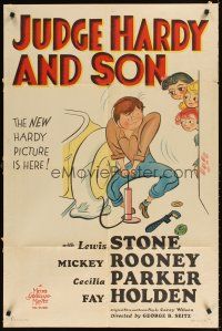 9c421 JUDGE HARDY & SON style C 1sh '39art of Mickey Rooney as Andy Hardy fixing flat w/sexy girls!