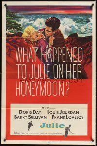 9c423 JULIE 1sh '56 what happened to Doris Day on her honeymoon with Louis Jourdan?