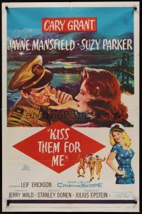 9c436 KISS THEM FOR ME 1sh '57 romantic art of Cary Grant & Suzy Parker, plus sexy Jayne Mansfield!