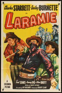 9c444 LARAMIE 1sh '49 Charles Starrett as The Durango Kid & Smiley Burnette on the warpath!