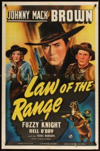 9c459 LAW OF THE RANGE 1sh '41 great close up of Johnny Mack Brown with gun & on horse!