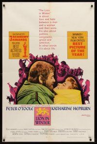9c471 LION IN WINTER 1sh '68 Katharine Hepburn as Eleanor, Peter O'Toole as Henry II!