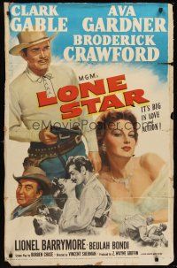 9c485 LONE STAR 1sh '51 artwork of Clark Gable with gun & kissing sexy Ava Gardner!