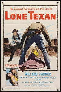 9c486 LONE TEXAN 1sh '59 Texas cowboy Willard Parker saves Audrey Dalton from bad guy!