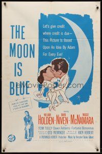 9c543 MOON IS BLUE 1sh '53 William Holden, Maggie McNamara is a virgin, directed by Otto Preminger!