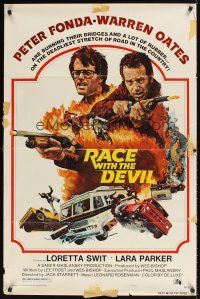 9c655 RACE WITH THE DEVIL style A 1sh '75 Peter Fonda & Warren Oates, burning bridges & rubber!
