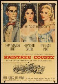 9c658 RAINTREE COUNTY 1sh '57 art of Montgomery Clift, Elizabeth Taylor & Eva Marie Saint!