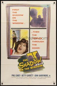 9c738 SHADOW ON THE WINDOW 1sh '57 super close up of Betty Garrett scared for her life!