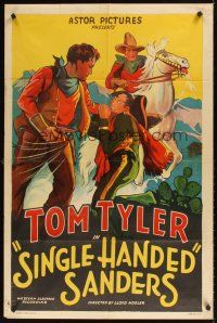 9c756 SINGLE-HANDED SANDERS 1sh R30s cool stone litho of cowboy Tom Tyler on horse & in brawl!