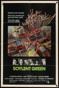 9c777 SOYLENT GREEN 1sh '73 art of Charlton Heston trying to escape riot control by John Solie!