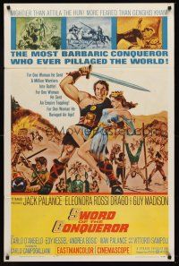 9c825 SWORD OF THE CONQUEROR 1sh '62 great art of Jack Palance as barbarian holding sexy girl!