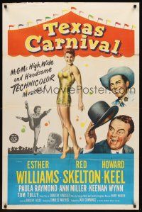 9c856 TEXAS CARNIVAL 1sh '51 Red Skelton, art of sexy Esther Williams in skimpy outfit at fair!