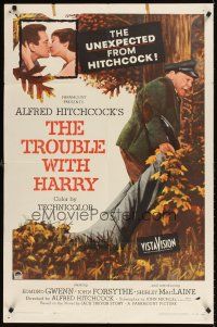 9c911 TROUBLE WITH HARRY 1sh '55 Alfred Hitchcock, John Forsythe & Shirley MacLaine!