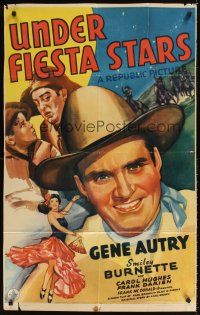9c925 UNDER FIESTA STARS 1sh '41 great art of Gene Autry plus comic lover Smiley Burnette!