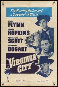 9c948 VIRGINIA CITY 1sh R51 art of Errol Flynn, Humphrey Bogart & Randolph Scott, + sexy Hopkins!