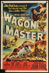 9c951 WAGON MASTER 1sh '50 John Ford, Ben Johnson, cool artwork of wagon train!