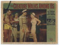 9d325 CREATURE WALKS AMONG US LC #3 '56 beautiful Leigh Snowden in scuba suit with three men!