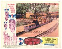 9d366 DR. GOLDFOOT & THE GIRL BOMBS LC #5 '66 Mario Bava, men & women riding wacky tiny train!