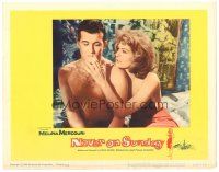 9d643 NEVER ON SUNDAY LC #2 '60 Jules Dassin, sexy Melina Mercouri gives cigarette to man in bed!