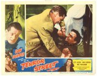 9d865 TERROR STREET LC #6 '53 close up of Dan Duryea in death struggle with man holding knife!