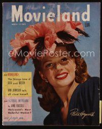 9e172 MOVIELAND magazine March 1947 portrait of sexy Rita Hayworth in cool hat by Bob Coburn!