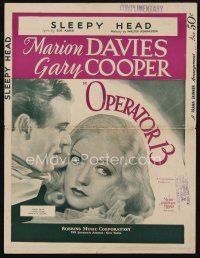 9e332 OPERATOR 13 sheet music '34 great c/u of Gary Cooper & sexy Marion Davies, Sleepy Head!