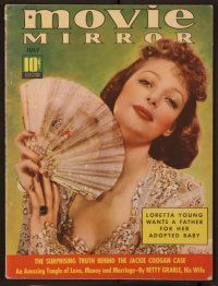 9e156 MOVIE MIRROR magazine July 1938, portrait of sexy Loretta Young with fan by James Doolittle!