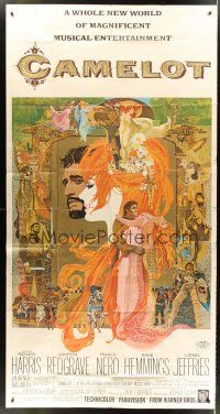 9f550 CAMELOT 3sh '68 Bob Peak art of Richard Harris as King Arthur, Vanessa Redgrave as Guenevere