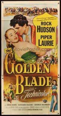 9f616 GOLDEN BLADE 3sh '53 Rock Hudson, Piper Laurie's kiss was the prize of victory!