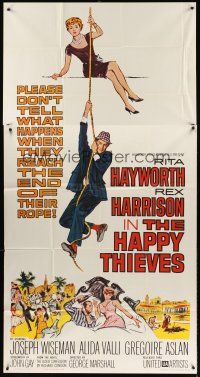 9f620 HAPPY THIEVES 3sh '62 cool artwork of Rita Hayworth & Rex Harrison climbing rope!
