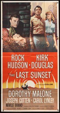 9f654 LAST SUNSET 3sh '61 Rock Hudson, Kirk Douglas, Dorothy Malone, directed by Robert Aldrich!