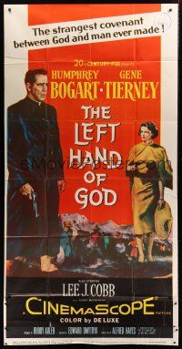 9f660 LEFT HAND OF GOD 3sh '55 artwork of priest Humphrey Bogart holding gun + sexy Gene Tierney!
