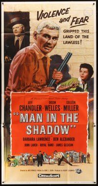 9f680 MAN IN THE SHADOW 3sh '58 Jeff Chandler, Orson Welles & Colleen Miller in a lawless land!