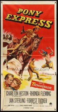 9f720 PONY EXPRESS 3sh '53 great art of Charlton Heston as Buffalo Bill on horseback!