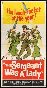 9f753 SERGEANT WAS A LADY 3sh '61 Martin West, wacky artwork of military women chasing after man!