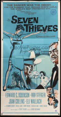 9f755 SEVEN THIEVES 3sh '59 cool art of Edward G. Robinson, Rod Steiger & sexy Joan Collins!