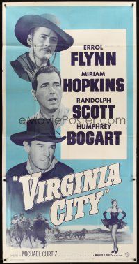 9f799 VIRGINIA CITY 3sh R51 art of Errol Flynn, Humphrey Bogart & Randolph Scott, plus sexy Hopkins!
