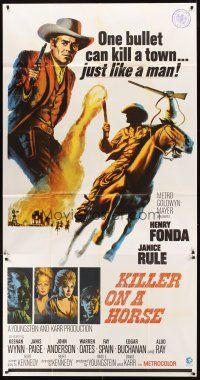 9f802 WELCOME TO HARD TIMES 3sh '67 cool artwork of cowboy Henry Fonda, Killer On a Horse!