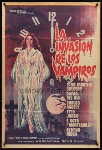 9f184 LA INVASION DE LOS VAMPIROS Argentinean '63 cool art of sexy vampire in see-through robe!