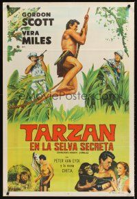 9f233 TARZAN'S HIDDEN JUNGLE Argentinean '55 artwork of Gordon Scott as Tarzan swinging on vine!