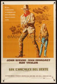 9f245 TRAIN ROBBERS Argentinean '73 great full-length art of cowboy John Wayne & sexy Ann-Margret!