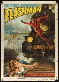 9f321 FLASHMAN Italian 1p '67 art of wacky Italian superhero saving sexy girl on train tracks!