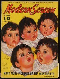 9h159 MODERN SCREEN magazine April 1936 artwork of the cute Dionne Quintuplets by Earl Christy!