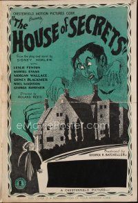 9h446 HOUSE OF SECRETS pressbook '36 cool artwork of creepy guy lurking over house!
