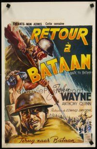 9j381 BACK TO BATAAN Belgian R50s art of John Wayne & Anthony Quinn in World War II!