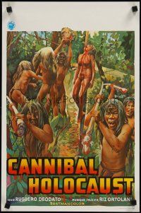 9j392 CANNIBAL HOLOCAUST Belgian '82 gruesome artwork of natives & body impaled on pole!