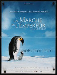 9j334 MARCH OF THE PENGUINS French 15x21 '05 Morgan Freeman, great image of baby w/parent!