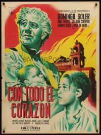 9j082 CON TODO EL CORAZON Mexican poster '52 Mendoza art of priest holding baby by destroyed church